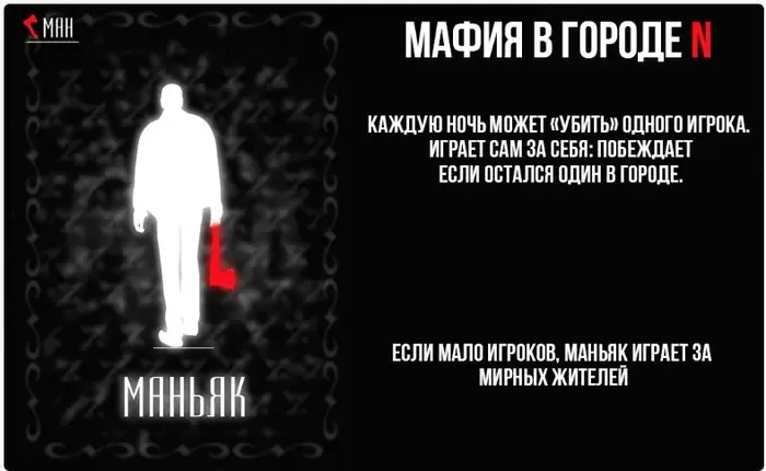 Карта роли «Маньяк» в игре «Мафия в городе N»